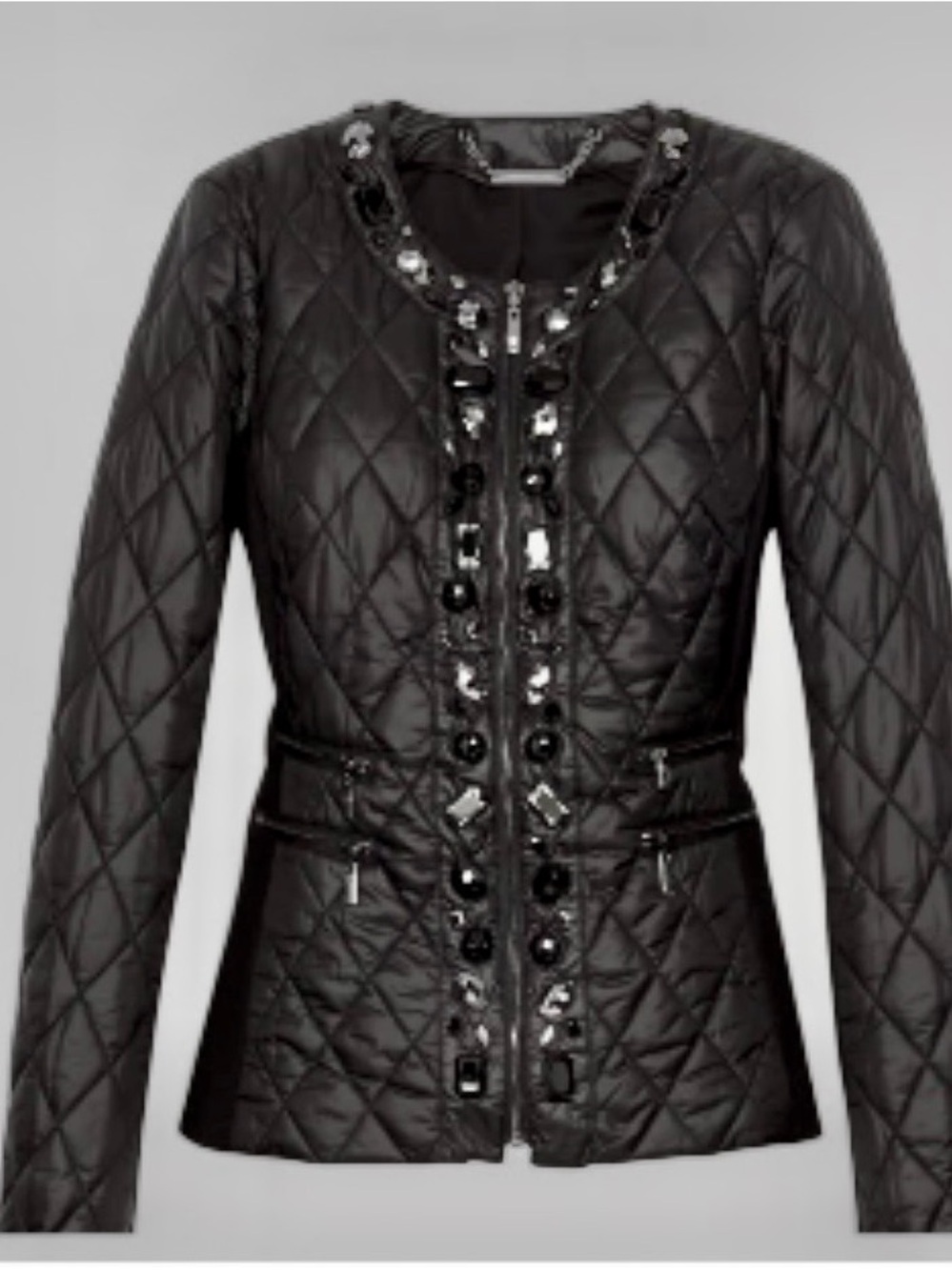 White House Black Market Black Quilted Puffer Jacket with Jeweled Trim